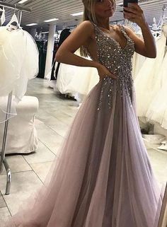 Gaun Tulle, Side Split Prom Dress, Prom Dress For Teens, Evening Dress Long, Backless Evening Dress, Senior Prom Dresses, V Neck Prom Dresses, Tulle Evening Dress