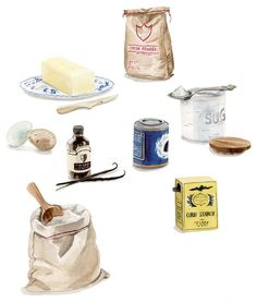 an image of food that is being displayed on a white tablecloth and in a bag