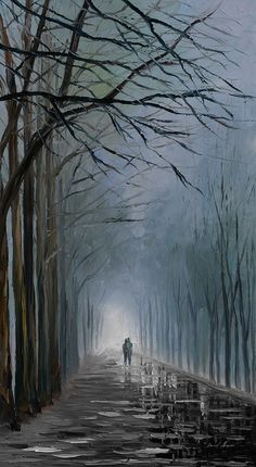 a painting of a person walking down a path in the woods on a foggy day