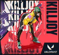 an anime character in yellow and black is standing on a red background with the words killjoy written across it