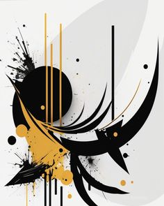 an abstract black and yellow design with circles, lines, and dots on a white background