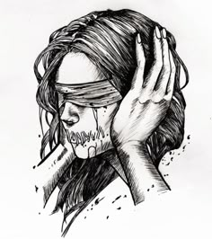 a black and white drawing of a woman holding her head