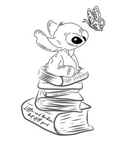 a cartoon character sitting on top of a stack of books with a butterfly flying over it