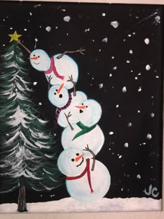 Snowmen acrylic paint Paint Night For Kids, Kids Christmas Painting, Christmas Canvases, Tree Painting Easy, Lighted Canvas Art, Painted Christmas Cards, Tree Painting Canvas, Holiday Canvas, Christmas Tree Canvas