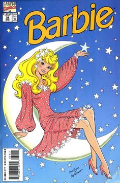 the cover to barbie magazine featuring a blonde girl on the moon with stars in her hair