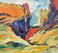 an oil painting of colorful mountains and rocks