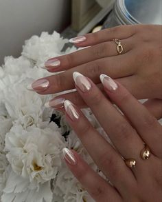 Long almond nails with French tip design and chrome overlay Unique Bridal Nails, Blushing Nails, Proposal Nails, Engagement Nails, Aesthetic Nail, Moon Nails, Chanel Collection, Pearl Nails, Bride Nails