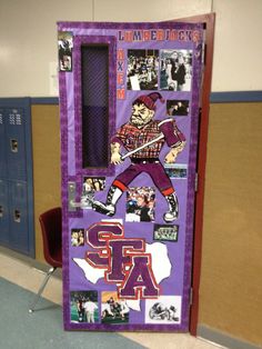 a purple door with pictures and words on it in a school hallway next to lockers