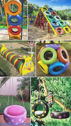 several pictures of different toys in various colors and sizes, including swings, slides, and more