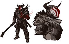 two knights in armor with horns and blood on their faces