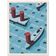 an image of a poster with a boat in the water and two red poles sticking out of it