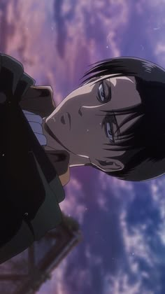 an anime character with black hair and blue eyes looks up at the sky in front of purple clouds