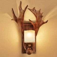 a deer antler's head mounted on a wall light