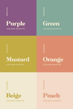 four different color palettes with the words orange, mustard, and green on them