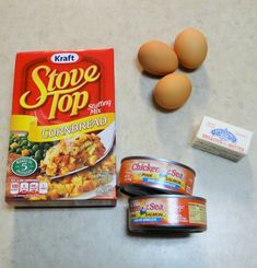 eggs, canned cornbread and some kind of soup are sitting on the counter top