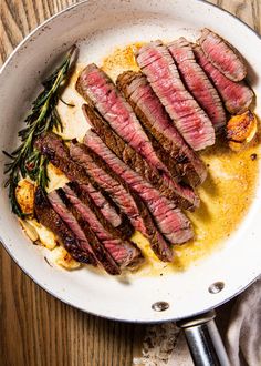 steak in a skillet on a wooden table with the words perfect round steak above it