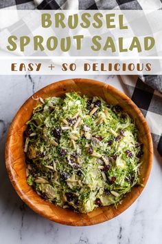 broccoli sprout salad in a wooden bowl with text overlay that reads brussel sprout salad easy and so delicious