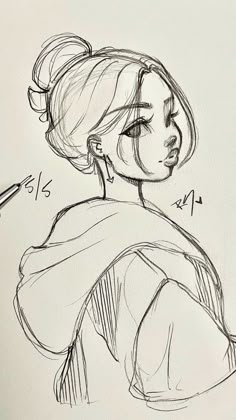 a drawing of a woman's face with her hair pulled back in a bun