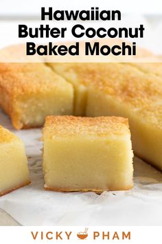 the hawaiian butter coconut baked mochi is cut into squares and placed on wax paper