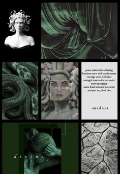 the collage shows different types of green and black colors, including an image of a woman's head