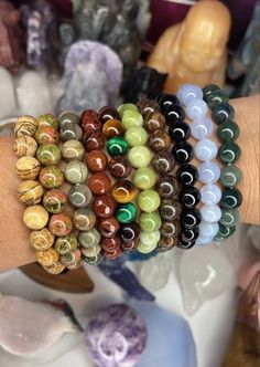 Handmade with stretchy cord and 8mm gemstone beads from Brazil & Bali Crystal Bracelet Collection, Gemstone Jewelry Bracelets, Earthy Beaded Bracelet, Jewlrey Aesthic Bracelets, Real Crystal Bracelets, Bracelets Crystal Beads, Crystal Jewelry Bracelets, Beaded Bracelets Stack, Wrist Full Of Bracelets