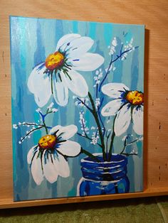 a painting of white daisies in a blue mason jar