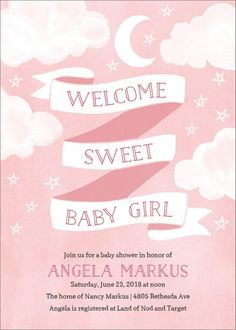 a baby shower is shown with pink and white clouds, stars, and the words welcome sweet baby girl