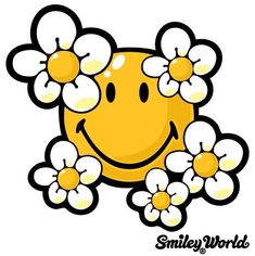 a smiley face with daisies around it's eyes and the words smile world