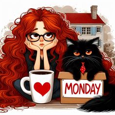 a woman with red hair sitting next to a black cat and holding a coffee cup