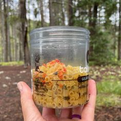 a hand holding a jar filled with macaroni and cheese in the woods on a sunny day