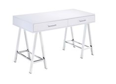 a white desk with two drawers on one side and an open drawer on the other