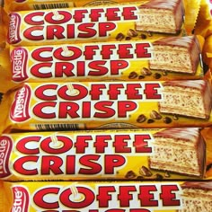 five bags of coffee crispes are stacked on top of each other in front of the camera