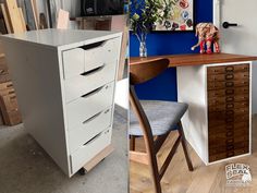 two photos side by side one has a desk and the other has drawers