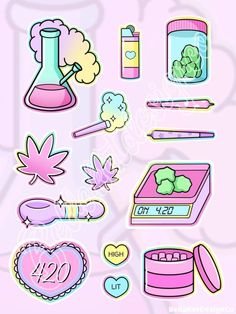 various stickers are arranged on a pink background with hearts, flowers and other items