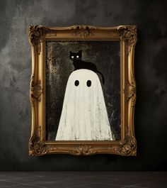 a painting with a black cat sitting on top of a ghost in a gold frame