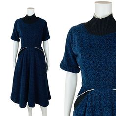 Read all the books in the library in this vintage 1950s dress! The blue and black speckled corduroy fabric reminds me of a classic composition notebook and could inspire a studious afternoon. It has a sweater turtleneck in a black sweater material and on the hip pockets with I believe a white angora trim. Dress zips up the side with a metal zipper, zips up the back neck and is unlined. LABEL: Minx Modes FABRIC: Corduroy VINTAGE SIZE: probably junior sized SHOULDER TO WAIST: 15.5" BUST: 33" undef Classic Composition, Winter Turtleneck, Batwing Dress, Heartbreak Hotel, Vintage 1950s Dress, Sweater Turtleneck, Dress Winter, Blue Corduroy, Vintage 1950s Dresses