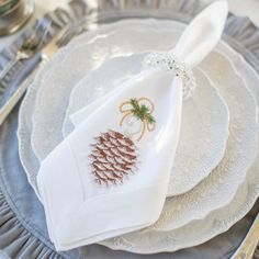 a white plate topped with pine cones and napkins