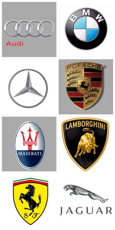 many different types of cars are shown in this image, including the logos and emblems