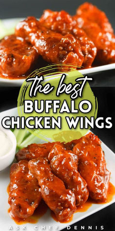 the best buffalo chicken wings recipe on a white plate with sauce and lettuce