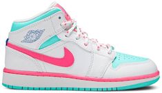 The Air Jordan 1 Mid GS ??Digital Pink?? is the youth sizing of Michael Jordan?s first signature shoe in a bright and vibrant colorway. Appearing on the Jordan 1 Mid . the upper displays smooth white leather on the forefoot . mid-panel . collar . and heel. Eye-pleasing Aurora Green leather can be found on [...] Air Jordan 1 Mid Digital Pink, Air Jordan 1 Mid Gs, Pink Jordans, Preppy Shoes, All Nike Shoes, Mid Top Sneakers, Cute Nike Shoes, Cute Nikes, Shoe Inspo