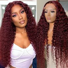 Deep Wave Wig 99J Burgundy color on a mannequin showcasing HD lace closure, natural deep wave texture, and voluminous 250 density hair from different angles. Deep Wave Wig, Lace Closure Hairstyles, Christmas Prep, Straight Hair Bundles, Hair Tape, Curly Hair Wig, Wave Wig, Curly Human Hair Wig, Curly Lace Front Wigs