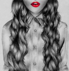 a drawing of a woman with long blonde hair wearing a blue shirt and red lipstick