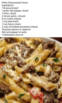 a bowl filled with pasta and meat on top of a wooden table next to a menu