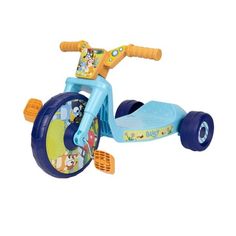 a blue tricycle with mickey mouse wheels