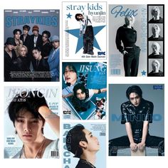 the covers of several magazines, including one with an image of a man in black