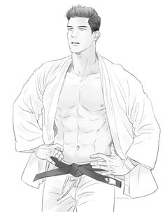 a drawing of a man with no shirt on holding his belt in front of him