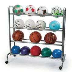 a metal rack with balls on it