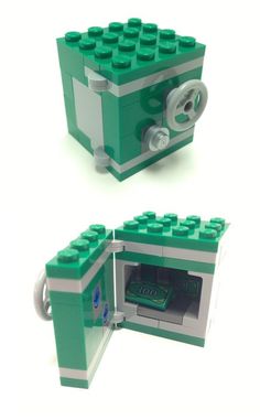 two pictures of a microwave built out of legos, one is green and the other is white