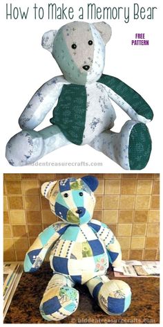 a stuffed teddy bear with the caption how to make a memory bear free pattern