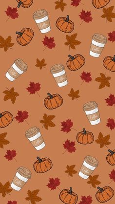 coffee cups and autumn leaves on an orange background